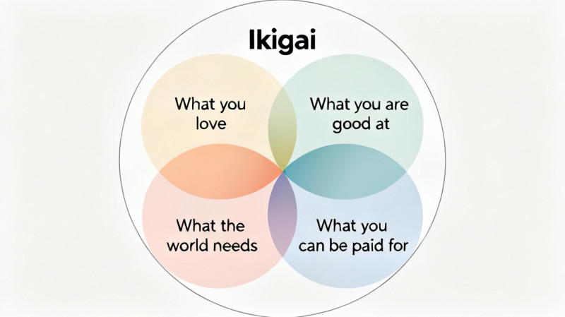 Infographic trực quan về mô hình 4 vòng tròn Ikigai, thể hiện rõ 4 yếu tố và các vùng giao thoa.
