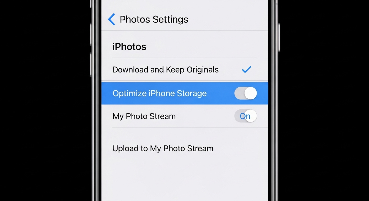 Màn hình cài đặt Ảnh, với tùy chọn "Tối ưu hóa dung lượng iPhone" đã được chọn.