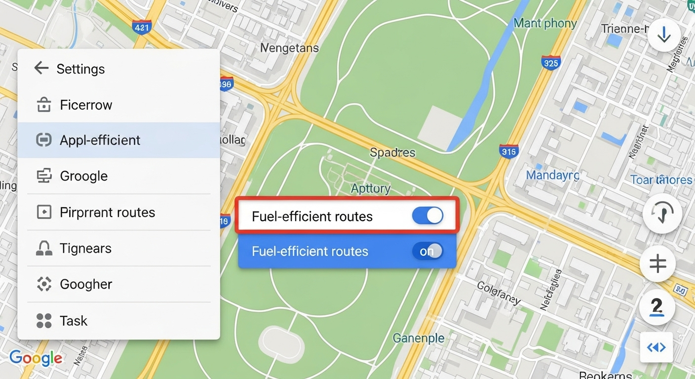 Màn hình cài đặt tùy chọn tuyến đường tiết kiệm nhiên liệu trên Google Maps.