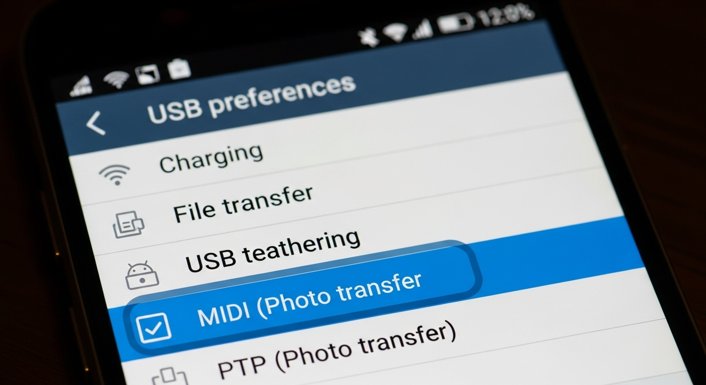 Màn hình điện thoại Android hiển thị tùy chọn kết nối USB với chế độ "Truyền tệp" được chọn.