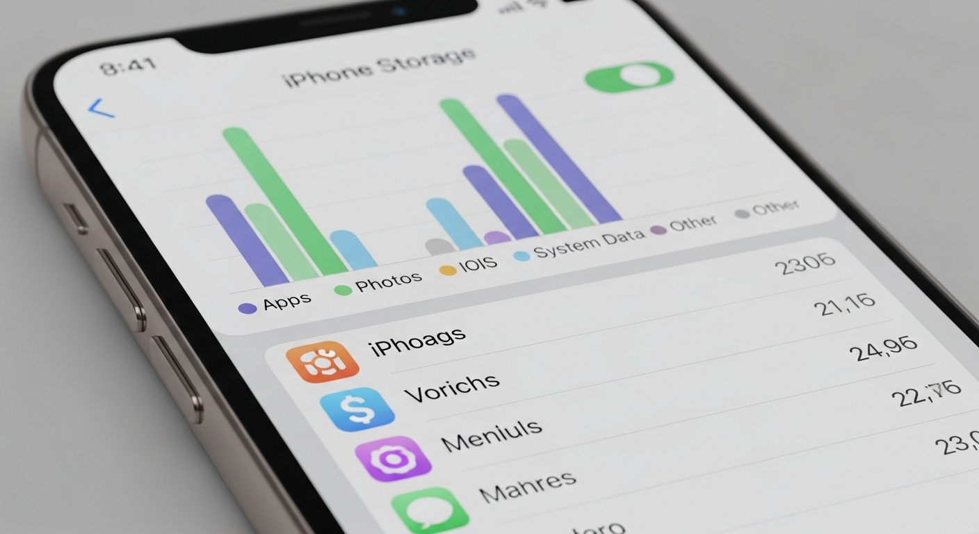 Màn hình "Dung lượng iPhone" trên iOS, hiển thị rõ biểu đồ màu và danh sách các ứng dụng chiếm dung lượng.