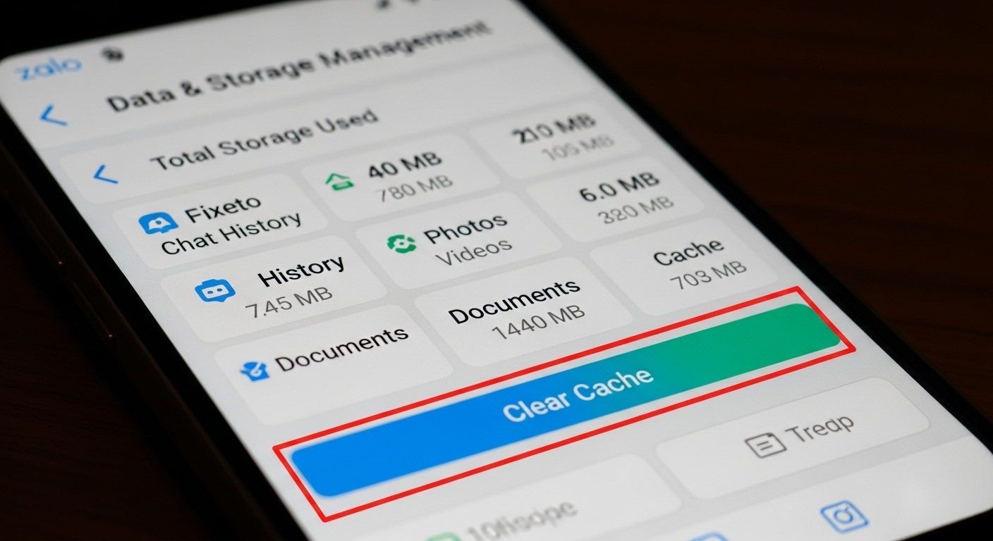 Màn hình "Quản lý dữ liệu và bộ nhớ" của Zalo, chỉ rõ nút "Xóa bộ nhớ đệm".