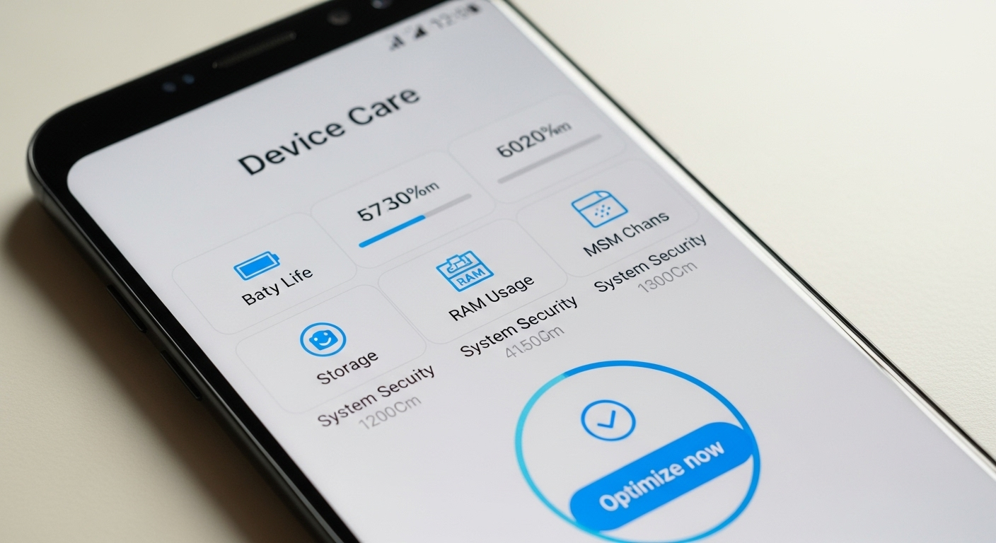 Màn hình tính năng "Chăm sóc thiết bị" trên điện thoại Samsung với nút "Tối ưu ngay".