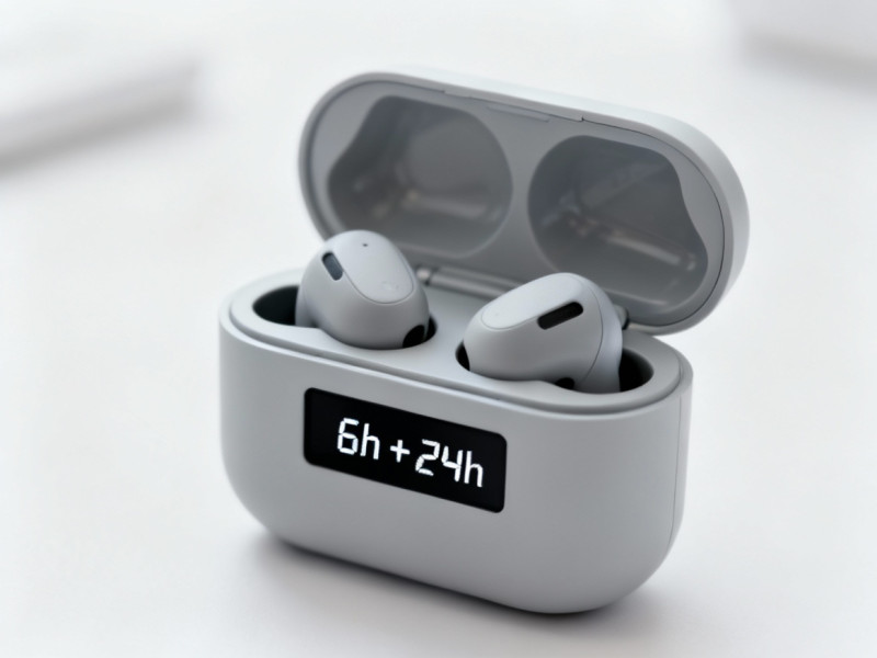 Minh họa tai nghe đang được sạc trong hộp, với con số hiển thị tổng thời gian sử dụng (ví dụ: "6h + 24h").