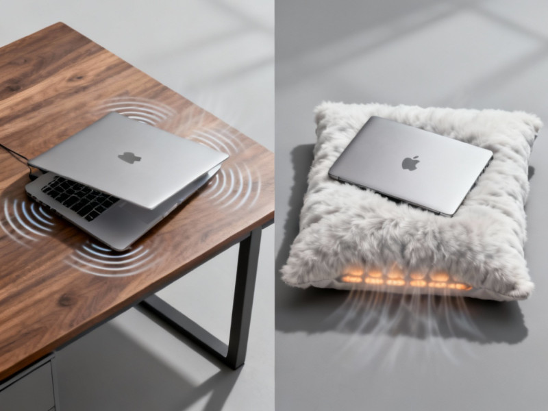 Minh họa vị trí đặt laptop trên bàn làm việc so với đặt trên chăn gối, làm nổi bật sự khác biệt về luồng không khí tản nhiệt. Minh họa vị trí đặt laptop trên bàn làm việc so với đặt trên chăn gối, làm nổi bật sự khác biệt về luồng không khí tản nhiệt.