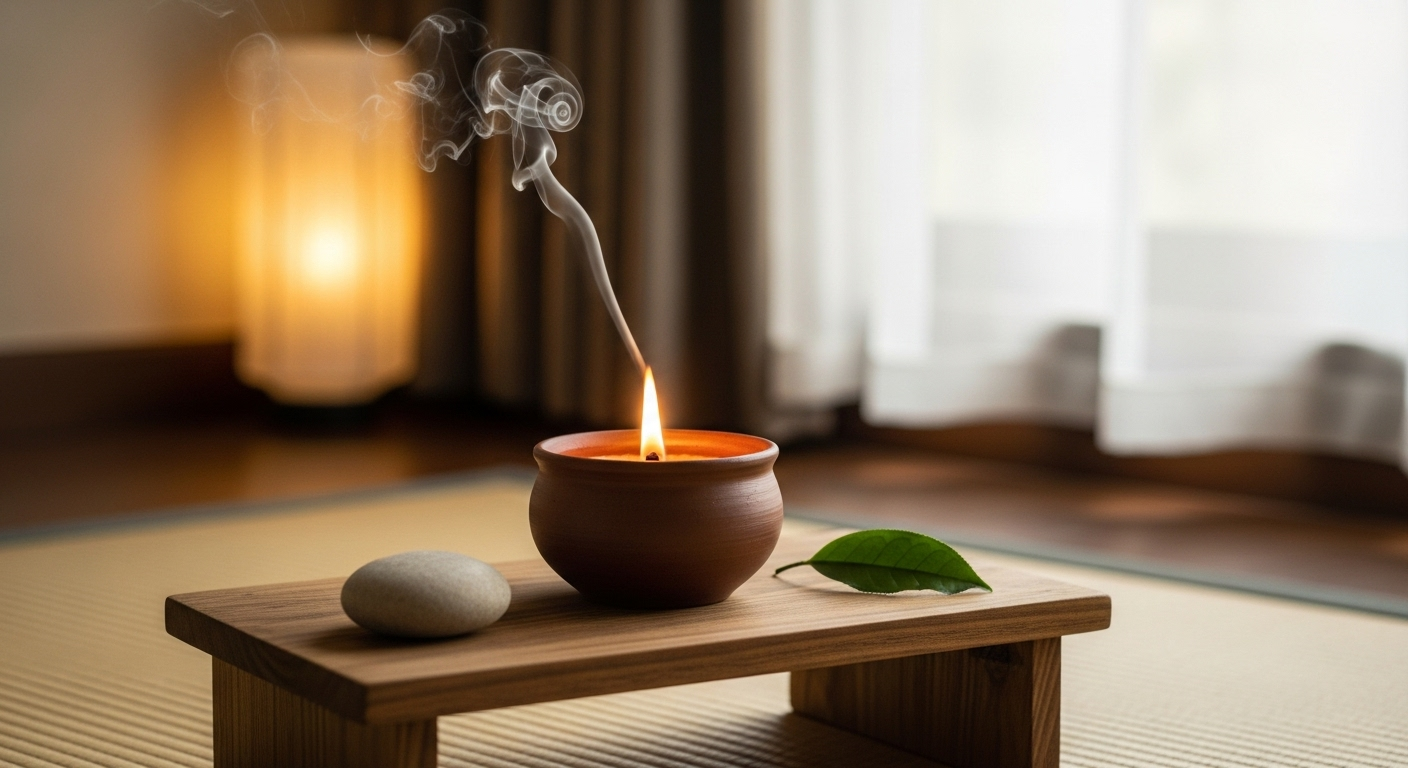 Một không gian thiền yên tĩnh với một hũ nến đàn hương đang cháy nhẹ nhàng.