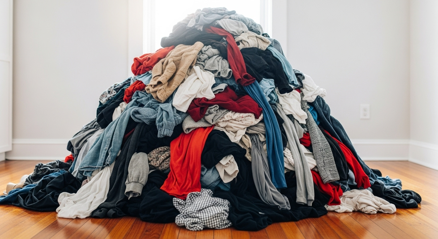 Một "ngọn núi" quần áo được chất đống trên sàn nhà, chuẩn bị cho quá trình sắp xếp KonMari.