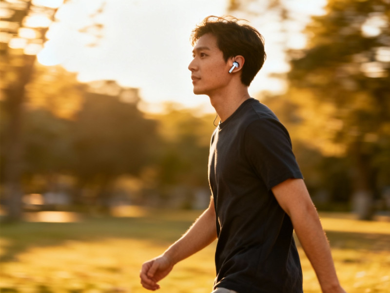 Một người đang di chuyển tự do (đi bộ, làm việc) với tai nghe không dây, không còn vướng víu bởi dây cáp.