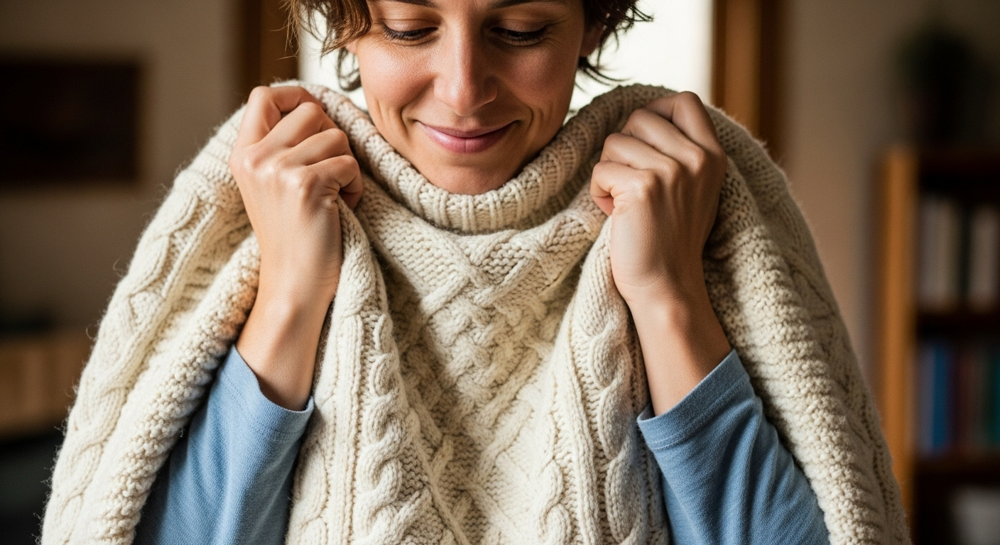 Một người đang mỉm cười nhẹ nhàng khi cầm trên tay một chiếc áo len yêu thích.