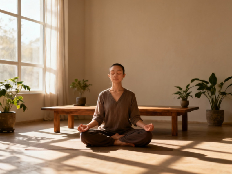 Một người đang ngồi thiền trong không gian yên tĩnh, ánh sáng tự nhiên.
