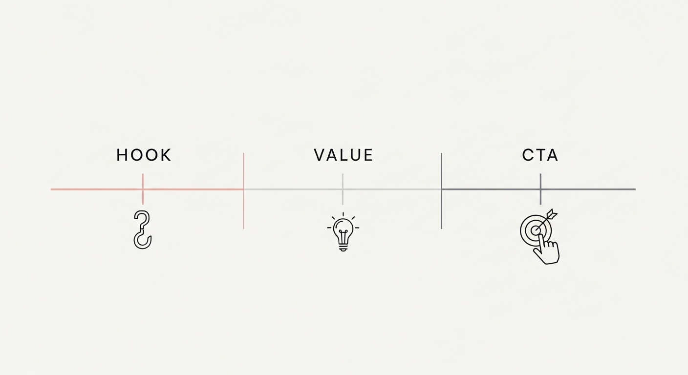 Một timeline kịch bản video đơn giản với 3 phần: Móc câu (Hook), Giá trị (Value), Kêu gọi (CTA).