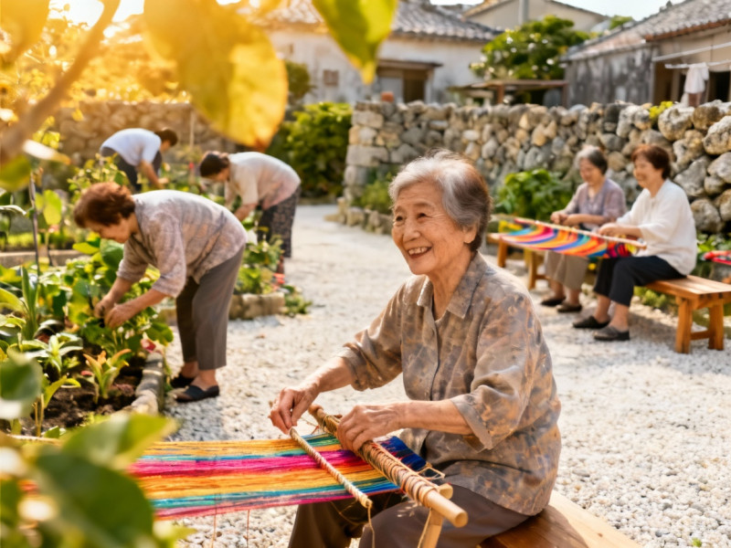 Những người cao tuổi ở Okinawa đang vui vẻ tham gia các hoạt động cộng đồng như làm vườn, dệt vải.