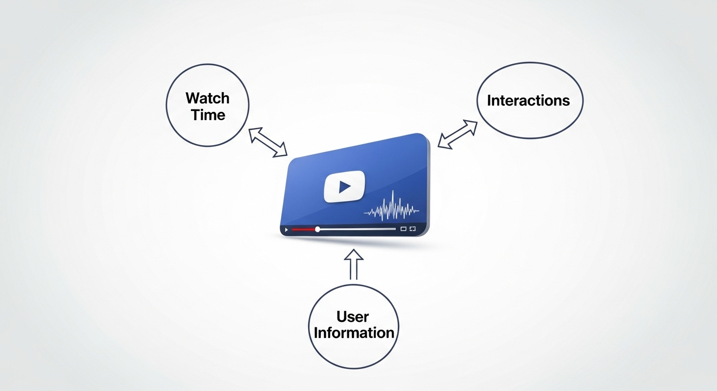 Sơ đồ đơn giản minh họa 3 yếu tố (Thời gian xem, Tương tác, Thông tin người dùng) cùng trỏ vào một video đang lên xu hướng.