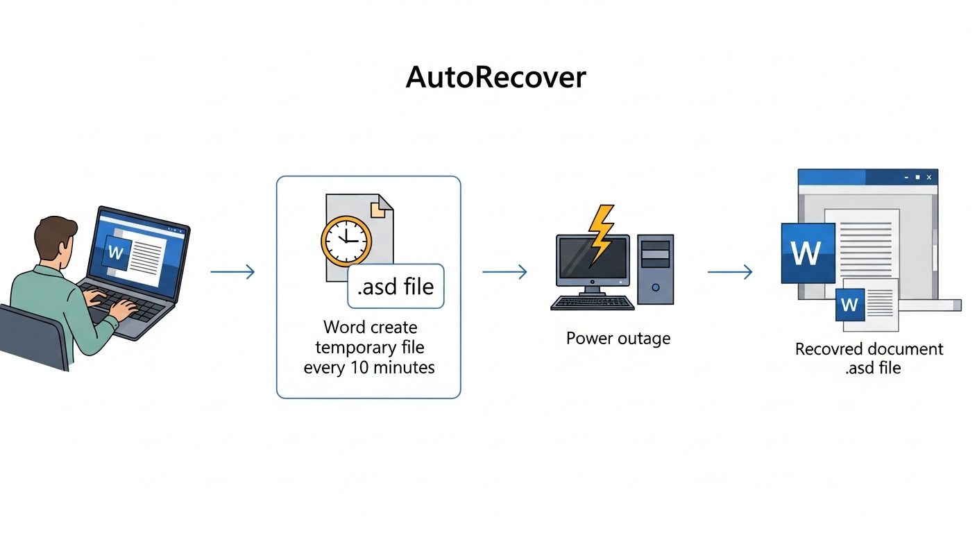 Sơ đồ đơn giản minh họa cơ chế AutoRecover: Người dùng gõ văn bản -> Word tự động tạo file tạm .asd sau mỗi 10 phút -> Sự cố sập nguồn -> Mở lại Word, file .asd được dùng để khôi phục.