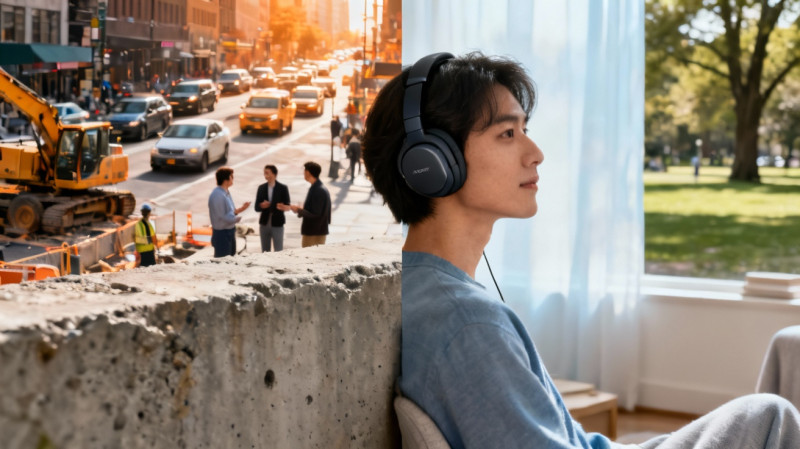 Sơ đồ so sánh hai môi trường: một bên đầy tiếng ồn và một bên yên tĩnh nhờ tai nghe bật ANC.