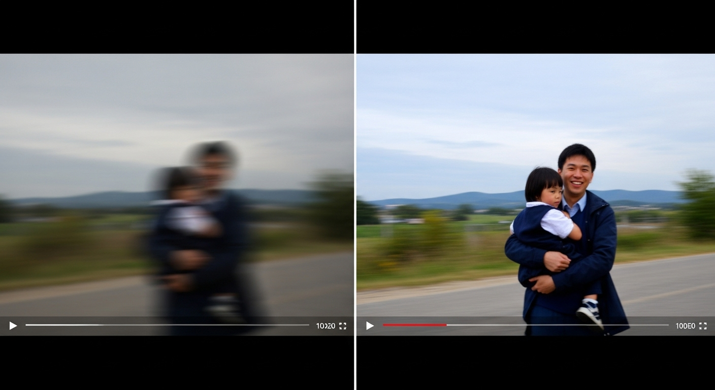 So sánh hai khung hình: một bên là video thiếu sáng, mờ nét và một bên là video đủ sáng, sắc nét.