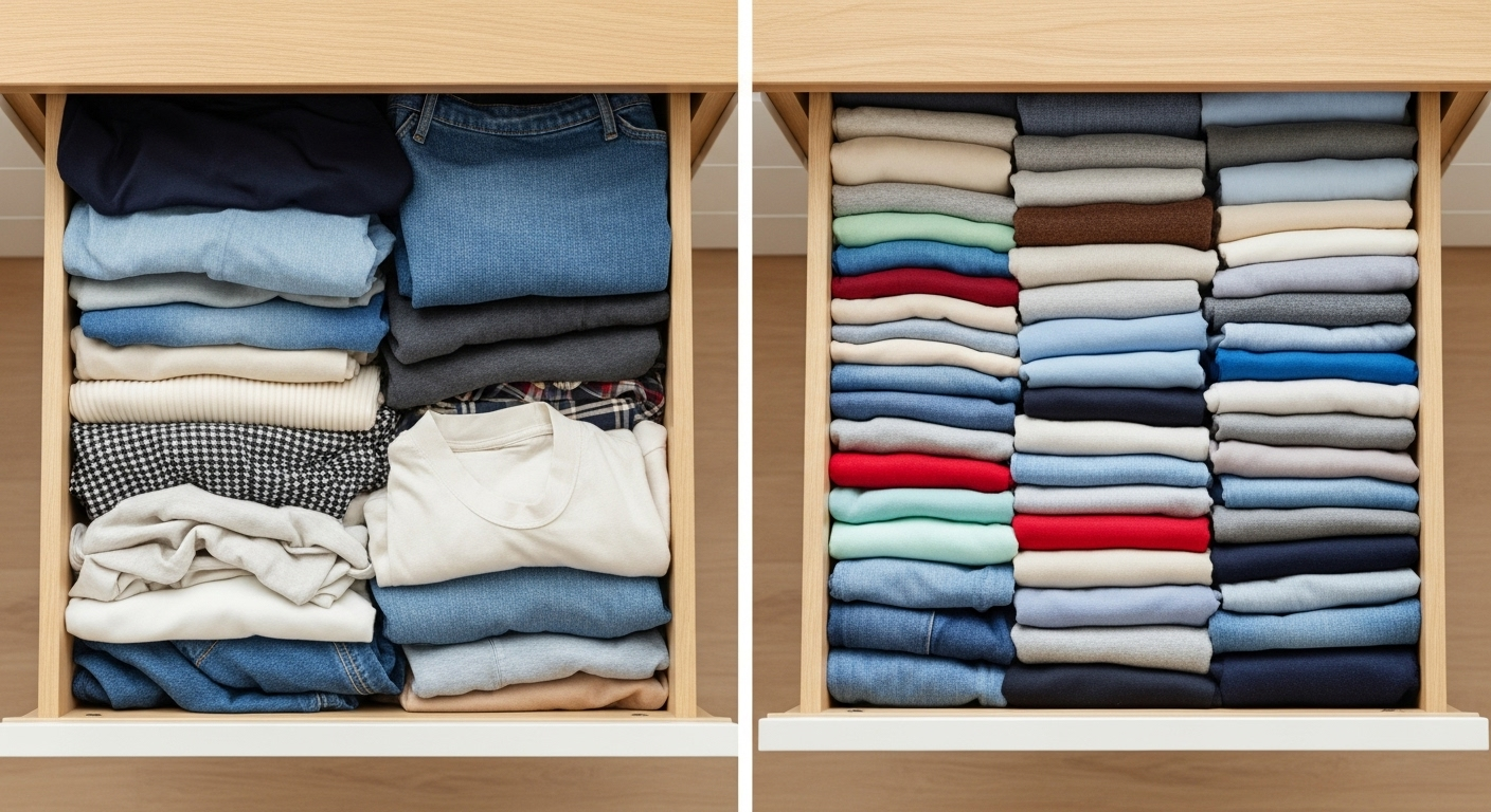 So sánh hai ngăn kéo, một bên xếp chồng lộn xộn và một bên được gấp dọc gọn gàng theo kiểu KonMari.