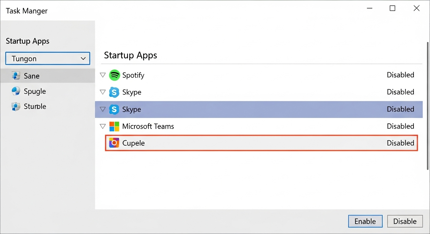 Tab Startup apps trong Task Manager với một vài ứng dụng như Spotify, Skype được chọn để Disable.