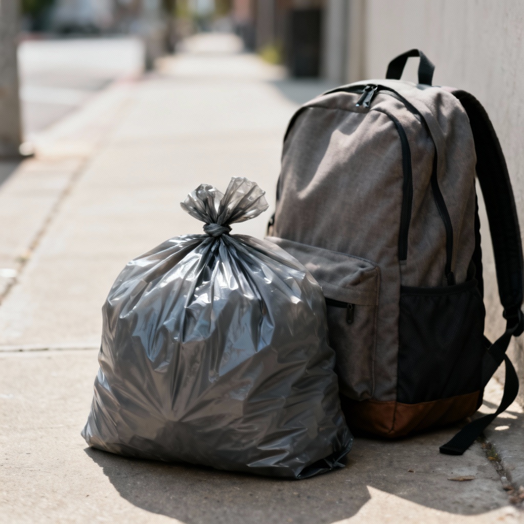 Ảnh chụp một túi rác được thu gom gọn gàng đặt cạnh balo, sẵn sàng để mang về.