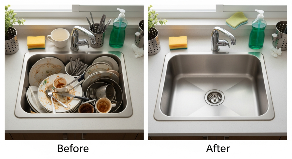 Ảnh so sánh trước và sau của một khu vực nhỏ, ví dụ bồn rửa bát đầy chén đĩa và bồn rửa bát đã sạch bong.
