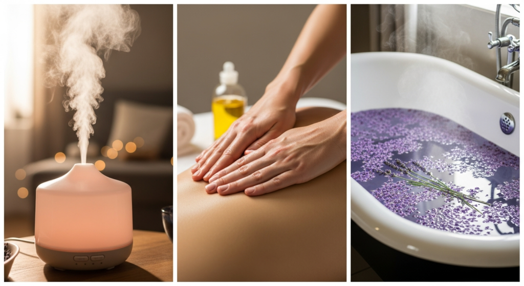 Ba hình ảnh minh họa 3 cách dùng: máy khuếch tán đang tỏa hơi, đôi bàn tay đang massage lưng, bồn tắm có cánh hoa oải hương. Ba hình ảnh minh họa 3 cách dùng: máy khuếch tán đang tỏa hơi, đôi bàn tay đang massage lưng, bồn tắm có cánh hoa oải hương.