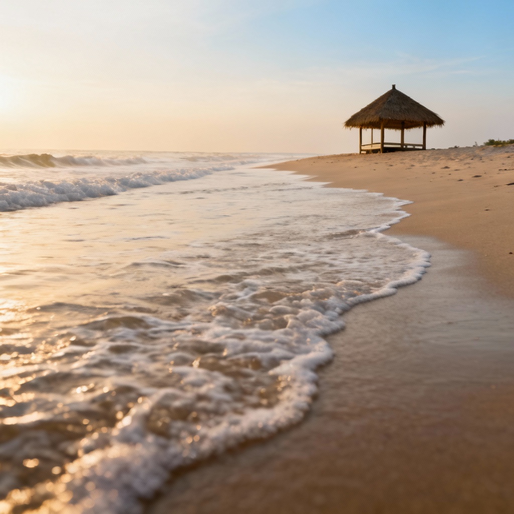 Bình minh trên biển Hồ Cốc, với một chiếc lều nhỏ dựng trên bãi cát, phía trước là sóng biển vỗ nhẹ.