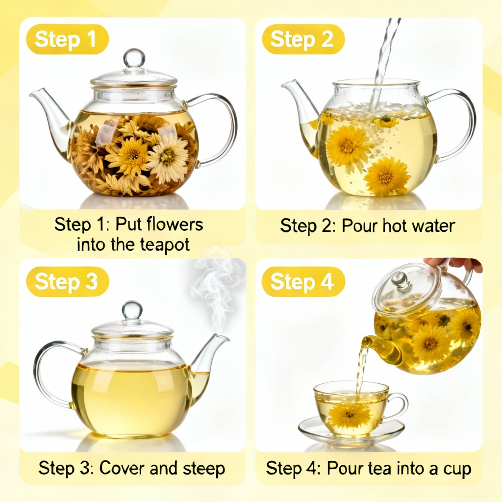 Bộ ảnh 4 bước pha trà hoa cúc: cho hoa vào bình, rót nước nóng, đậy nắp hãm trà, rót trà ra tách.