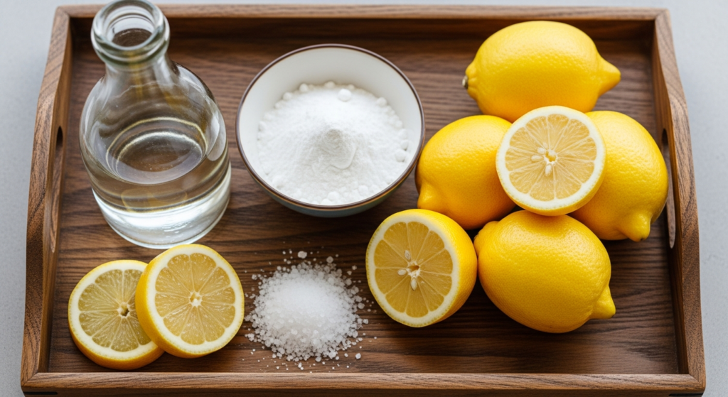 Bộ ảnh sắp xếp các nguyên liệu tự nhiên như giấm, baking soda, chanh, muối trên một chiếc khay gỗ.