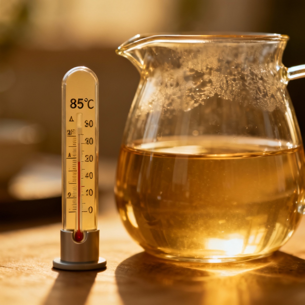 Cận cảnh nhiệt kế nước chỉ 85°C đặt cạnh bình trà thủy tinh trong suốt.