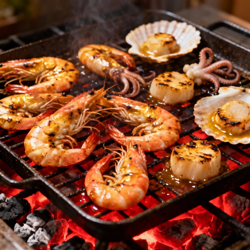 Cận cảnh vỉ nướng đầy ắp tôm, mực, sò điệp đang xèo xèo trên bếp than hồng.