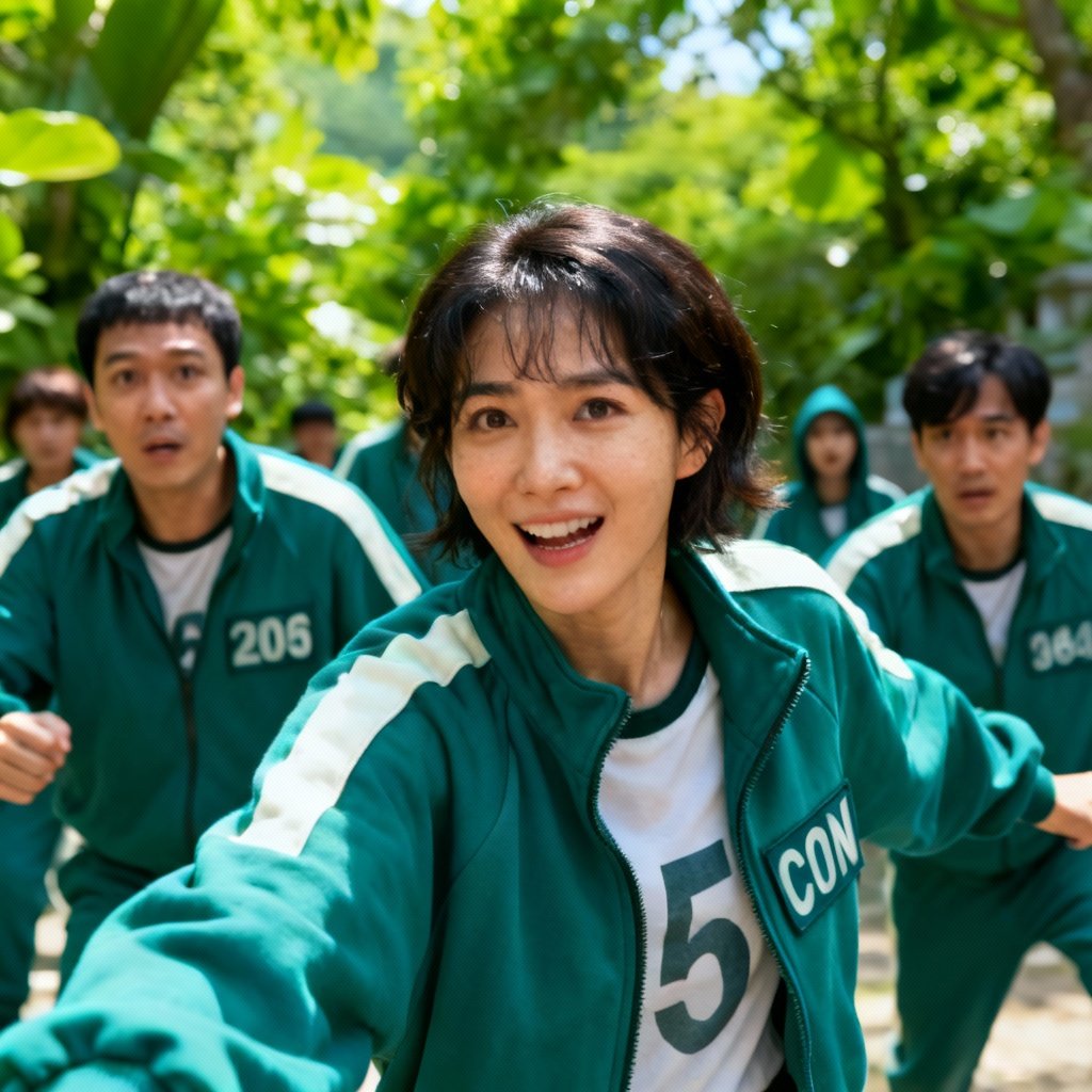 Cảnh các nhân vật trong bộ đồ xanh lá đặc trưng của phim Trò Chơi Con Mực. Cảnh các nhân vật trong bộ đồ xanh lá đặc trưng của phim Trò Chơi Con Mực.