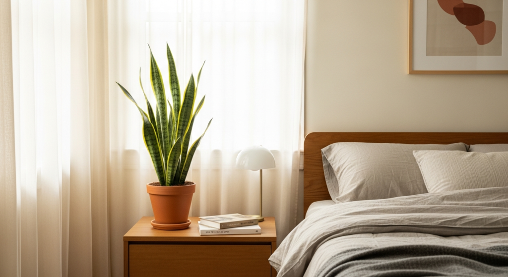 Cây Lưỡi Hổ đặt trong phòng ngủ với ánh sáng dịu nhẹ