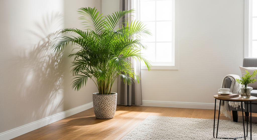 Chậu cây Cau Cảnh lớn đặt ở góc phòng khách sáng sủa