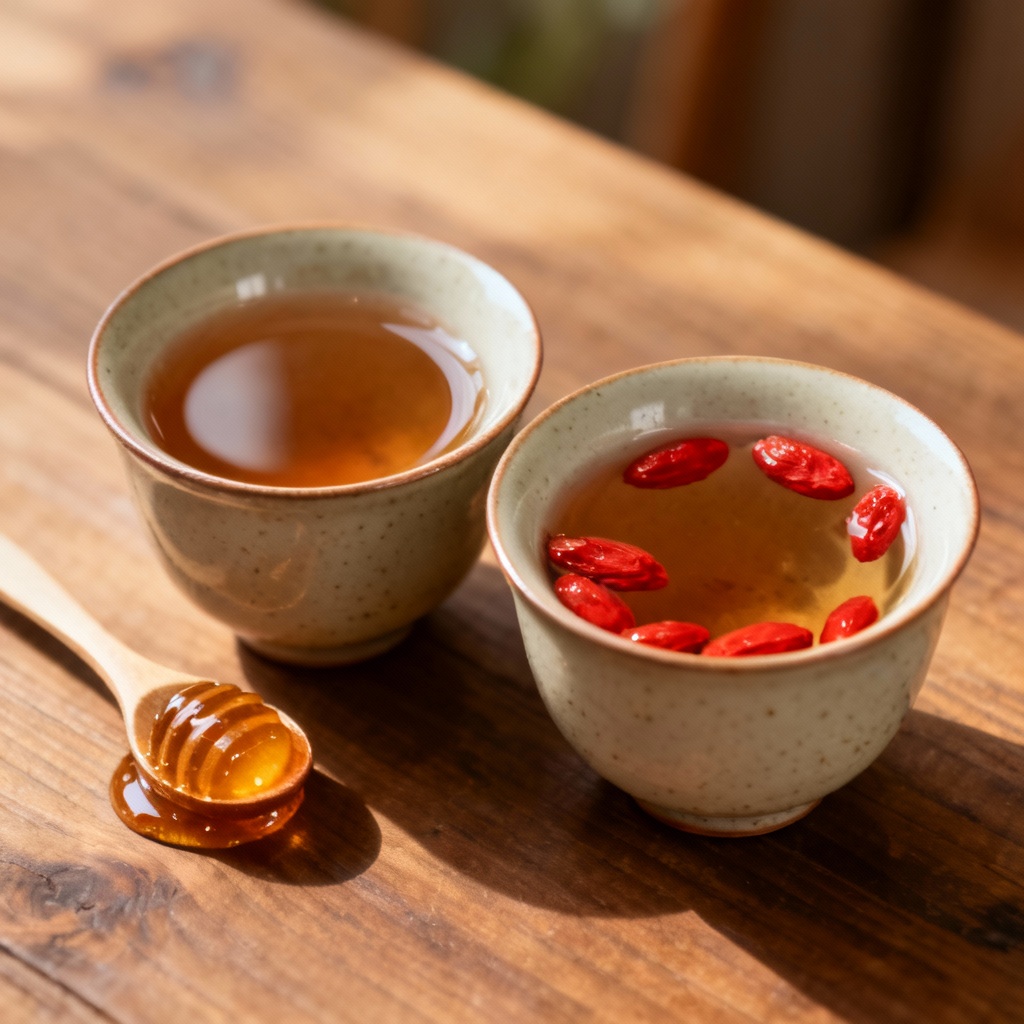 Hai tách trà đặt cạnh nhau, một tách có thìa mật ong và một tách có những hạt kỷ tử đỏ.