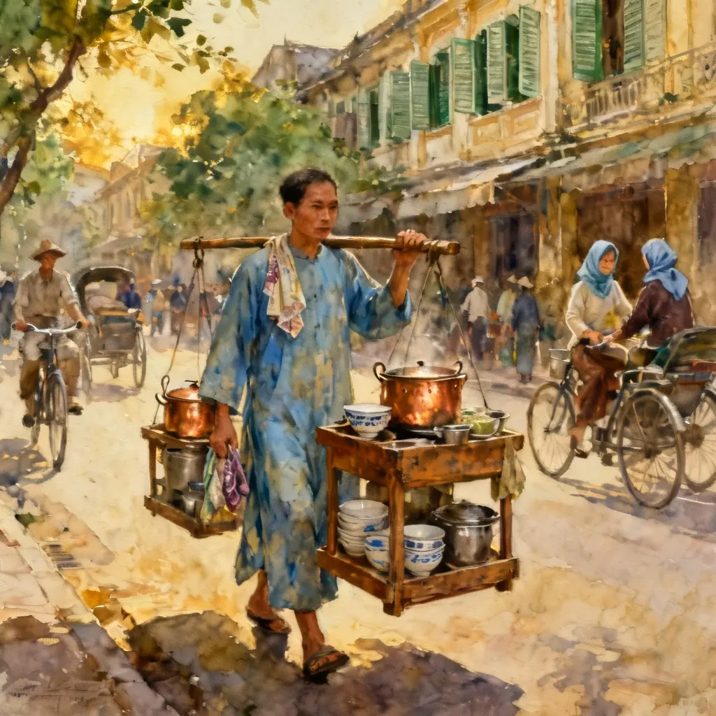 Hình ảnh gánh phở rong ở Hà Nội đầu thế kỷ 20 trong bộ tranh của Henri Oger