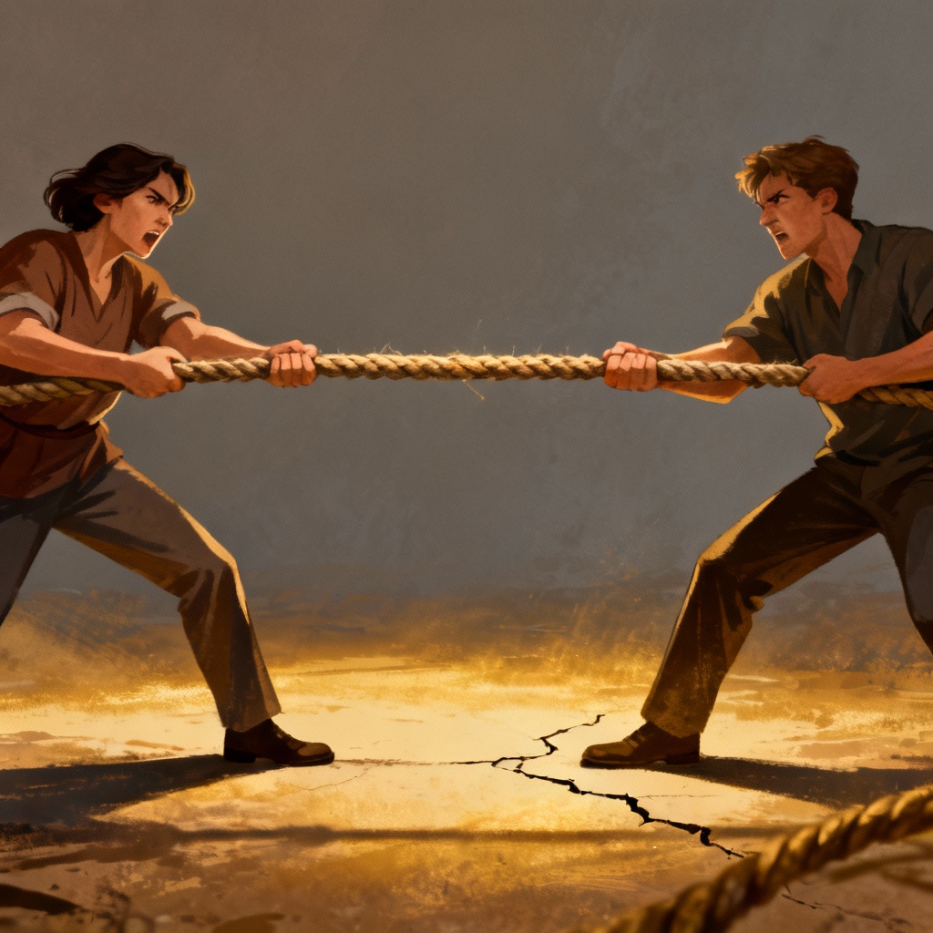 Hình ảnh hai người kéo một sợi dây thừng về hai hướng ngược nhau, tượng trưng cho sự thử thách.