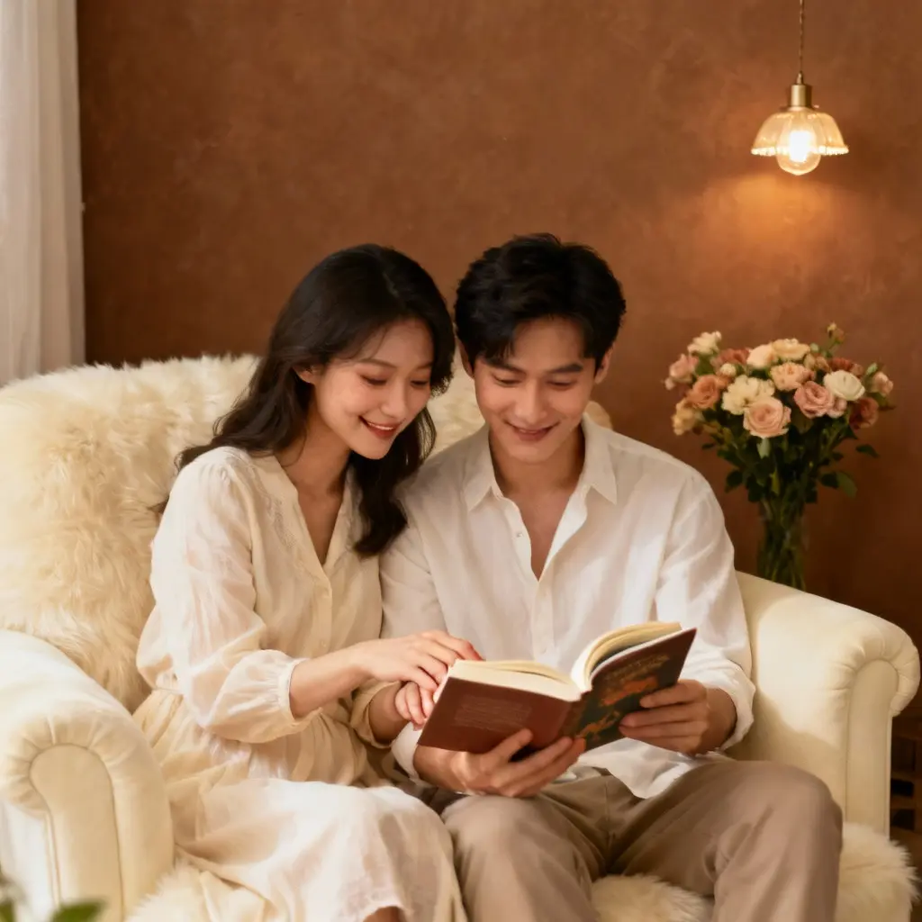 Hình ảnh lãng mạn của một cặp đôi đang cùng nhau đọc sách trong không gian ấm cúng.