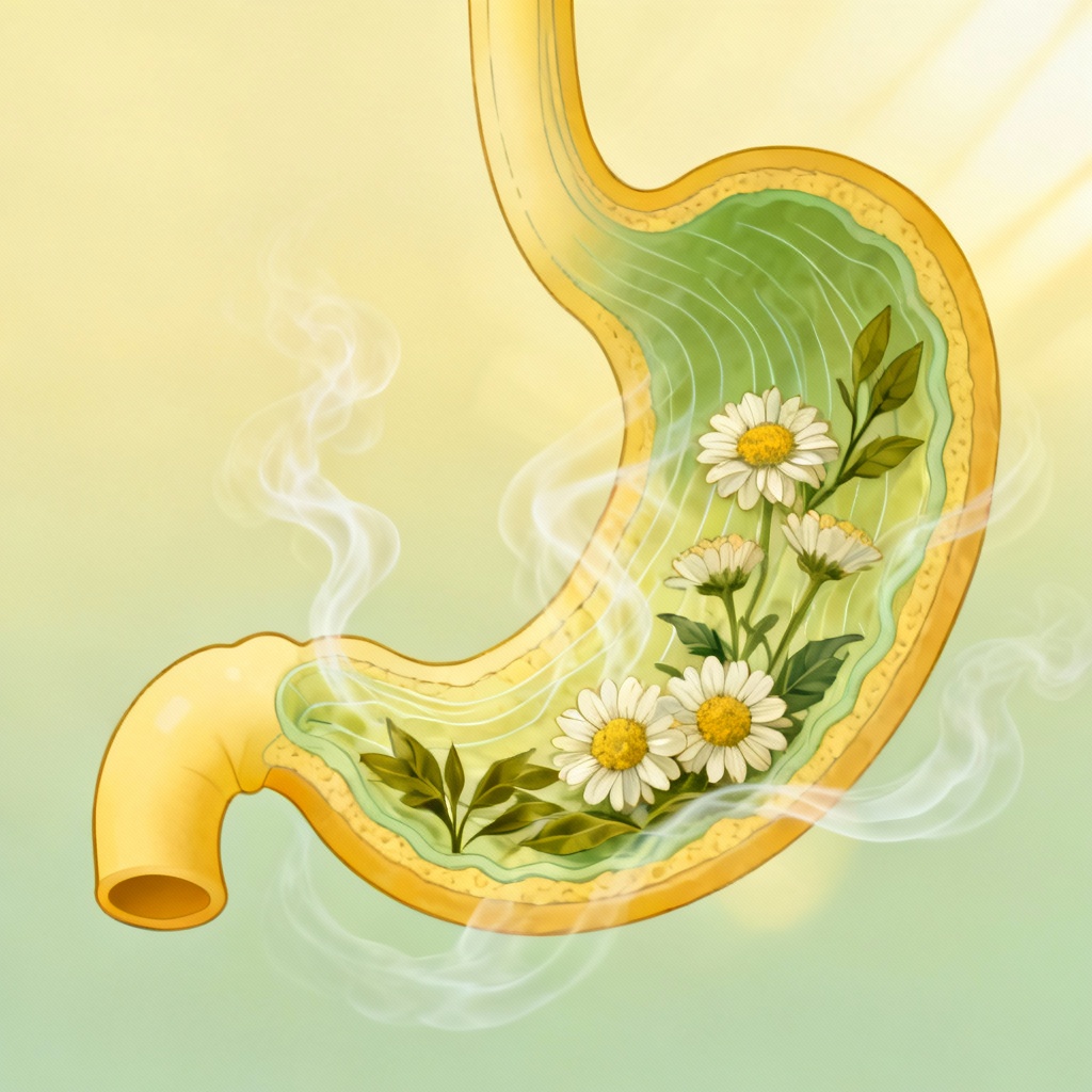 Hình ảnh minh họa dạ dày được "xoa dịu" bởi các thành phần trong trà hoa cúc. Hình ảnh minh họa dạ dày được "xoa dịu" bởi các thành phần trong trà hoa cúc.