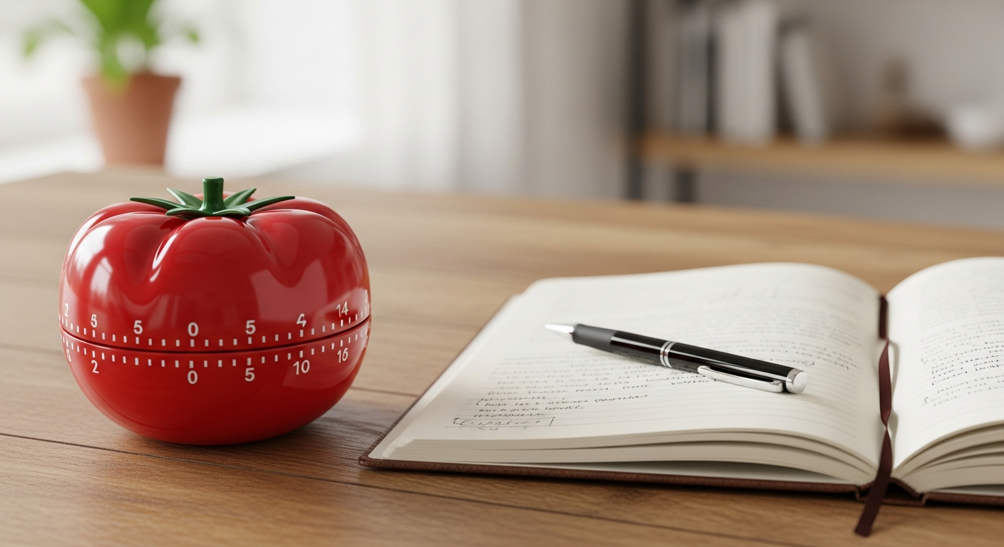 Hình ảnh minh họa một chiếc đồng hồ hẹn giờ hình quả cà chua bên cạnh một cuốn sổ tay và cây bút.