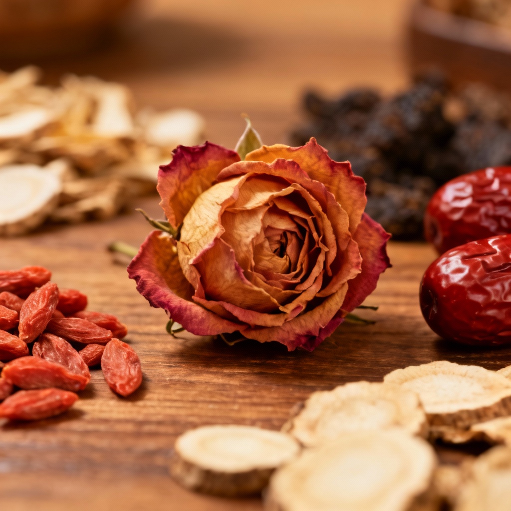 Hoa cúc khô được đặt ở trung tâm cùng các vị thuốc Đông y khác như kỷ tử, táo đỏ.