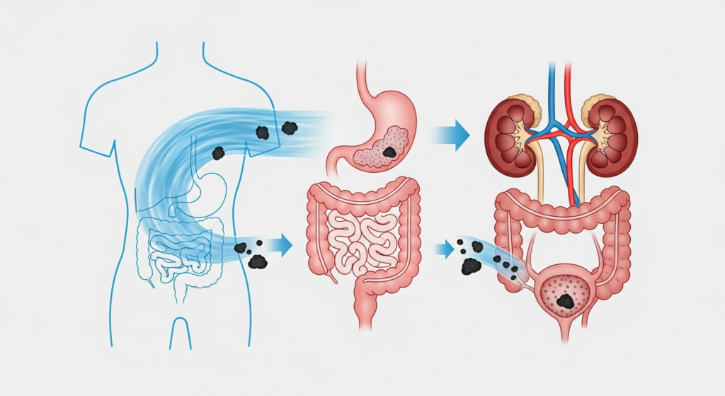 Infographic đơn giản mô tả dòng nước chảy qua thận và hệ tiêu hóa, cuốn đi các chất cặn bã.