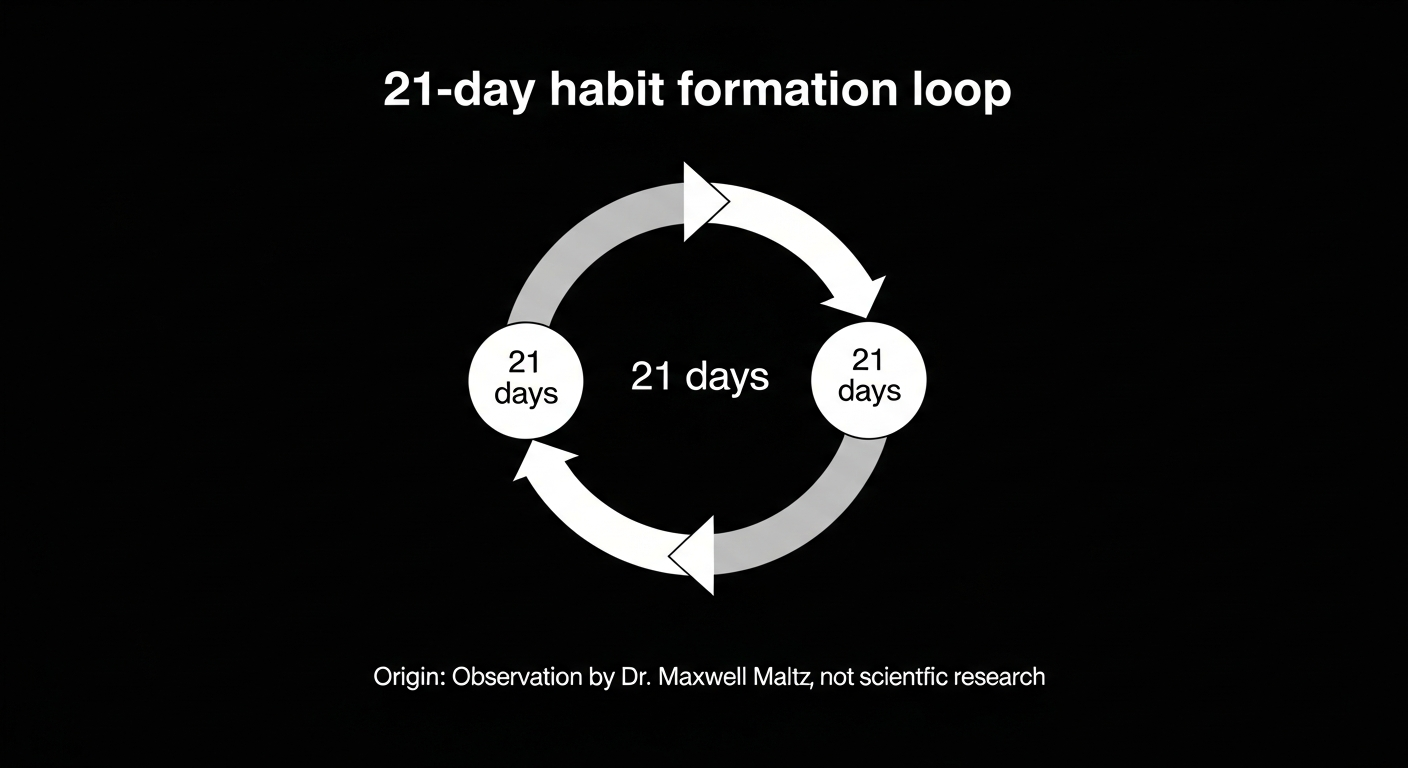 Infographic đơn giản mô tả vòng lặp 21 ngày với dòng chữ "Nguồn gốc: Quan sát của Bác sĩ Maxwell Maltz, không phải nghiên cứu khoa học."