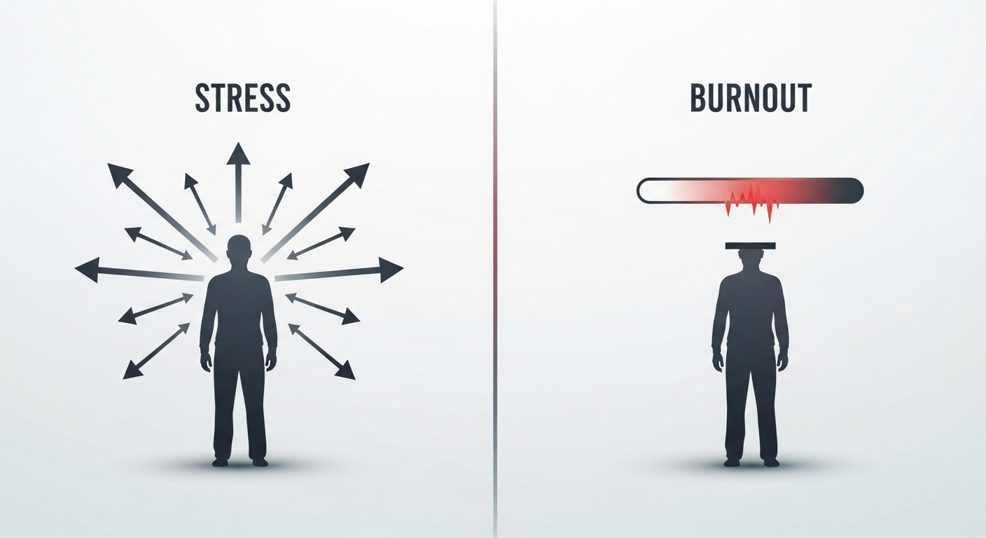 Infographic đơn giản so sánh hai trạng thái: một bên là người đang bị nhiều mũi tên áp lực chĩa vào (Stress), bên còn lại là người có thanh năng lượng trống rỗng (Burnout).