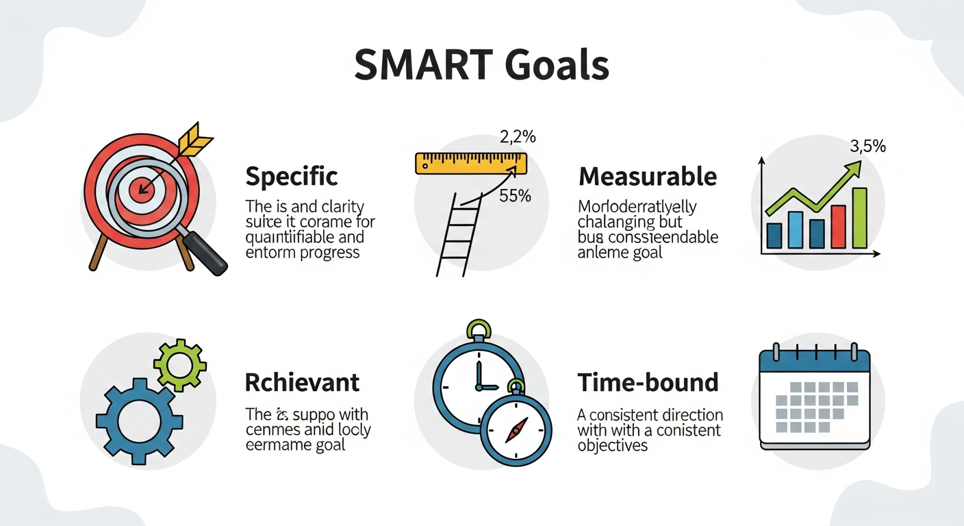 Infographic giải thích 5 yếu tố của mục tiêu SMART: Cụ thể, Đo lường được, Khả thi, Liên quan, Có thời hạn.