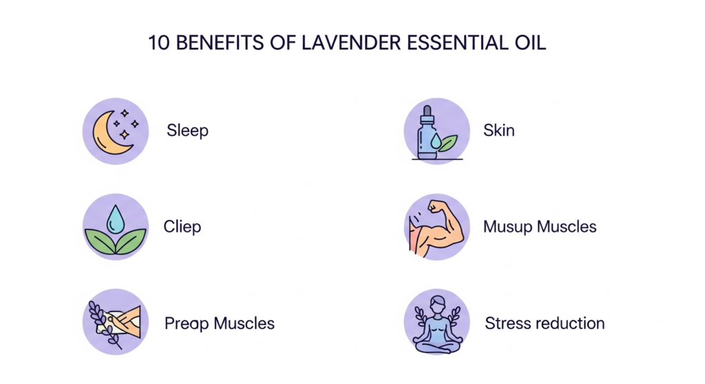 Infographic tóm tắt 10 lợi ích của tinh dầu oải hương với các icon minh họa cho giấc ngủ, da, cơ bắp, giảm căng thẳng.