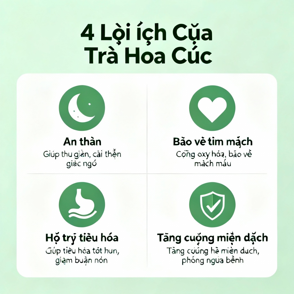 Infographic tóm tắt 4 lợi ích của trà hoa cúc: An thần, Bảo vệ tim mạch, Hỗ trợ tiêu hóa, Tăng cường miễn dịch Infographic tóm tắt 4 lợi ích của trà hoa cúc: An thần, Bảo vệ tim mạch, Hỗ trợ tiêu hóa, Tăng cường miễn dịch