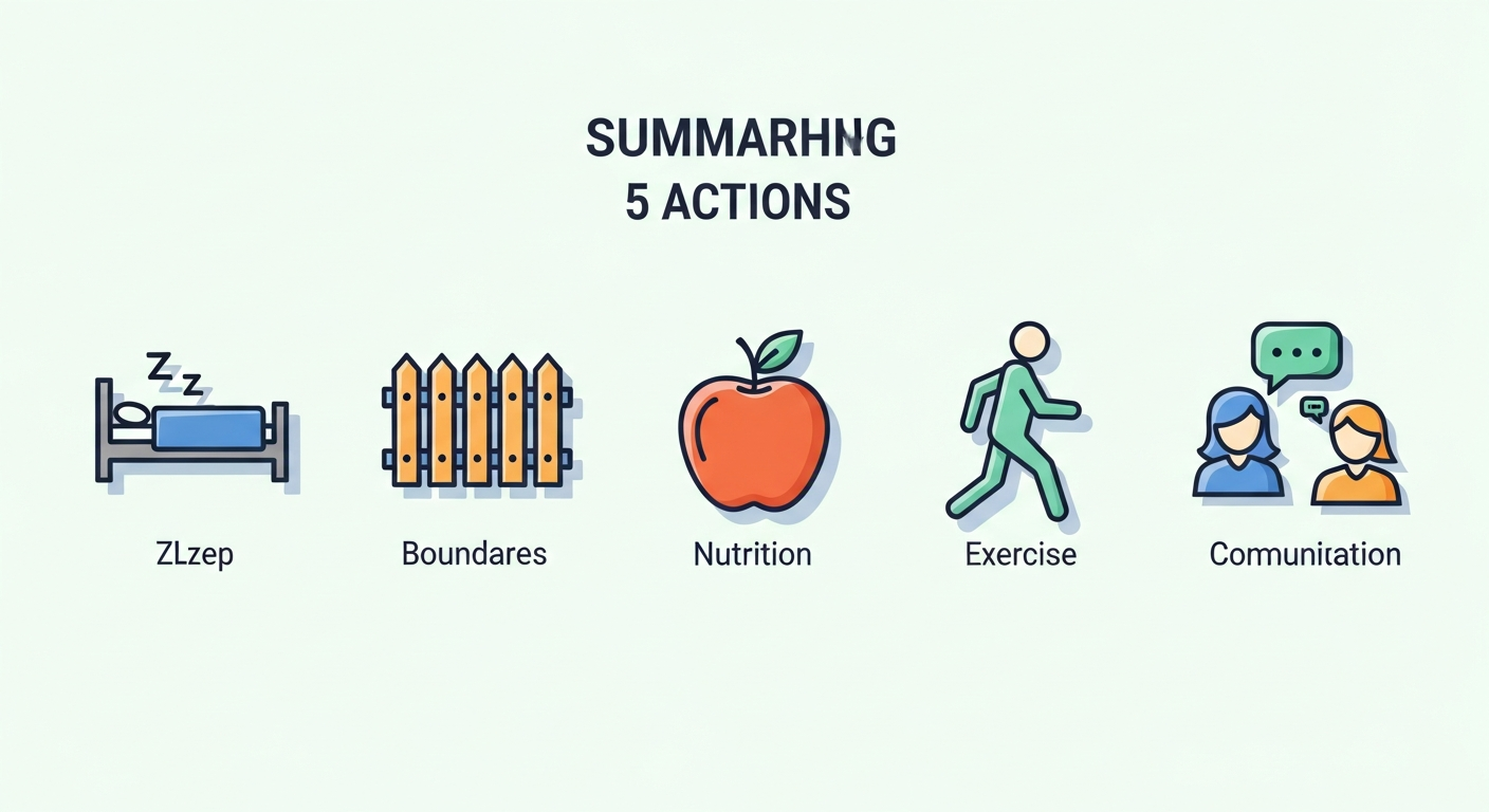 Infographic tóm tắt 5 hành động với các icon minh họa đơn giản như chiếc giường, hàng rào, trái táo, người đi bộ, và hai người nói chuyện.