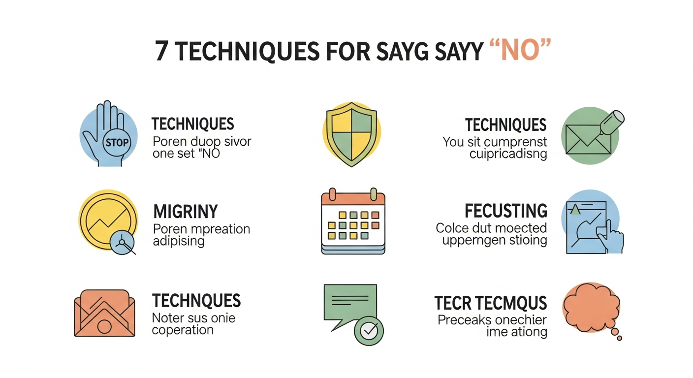 Infographic tổng hợp 7 Kỹ thuật nói "Không", thiết kế đơn giản, màu sắc nhẹ nhàng, dễ nhớ.