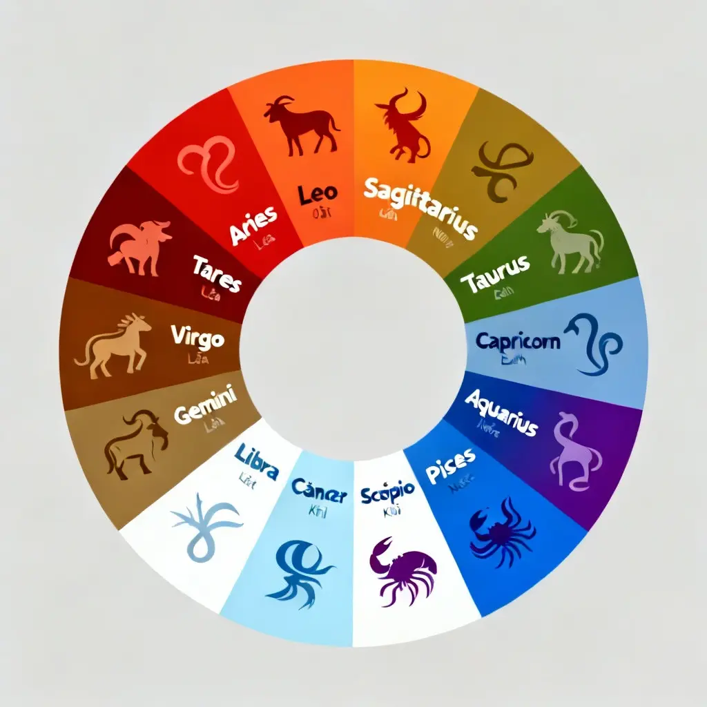 Infographic vòng tròn 12 cung hoàng đạo được tô màu theo 4 nhóm nguyên tố Lửa, Đất, Khí, Nước.