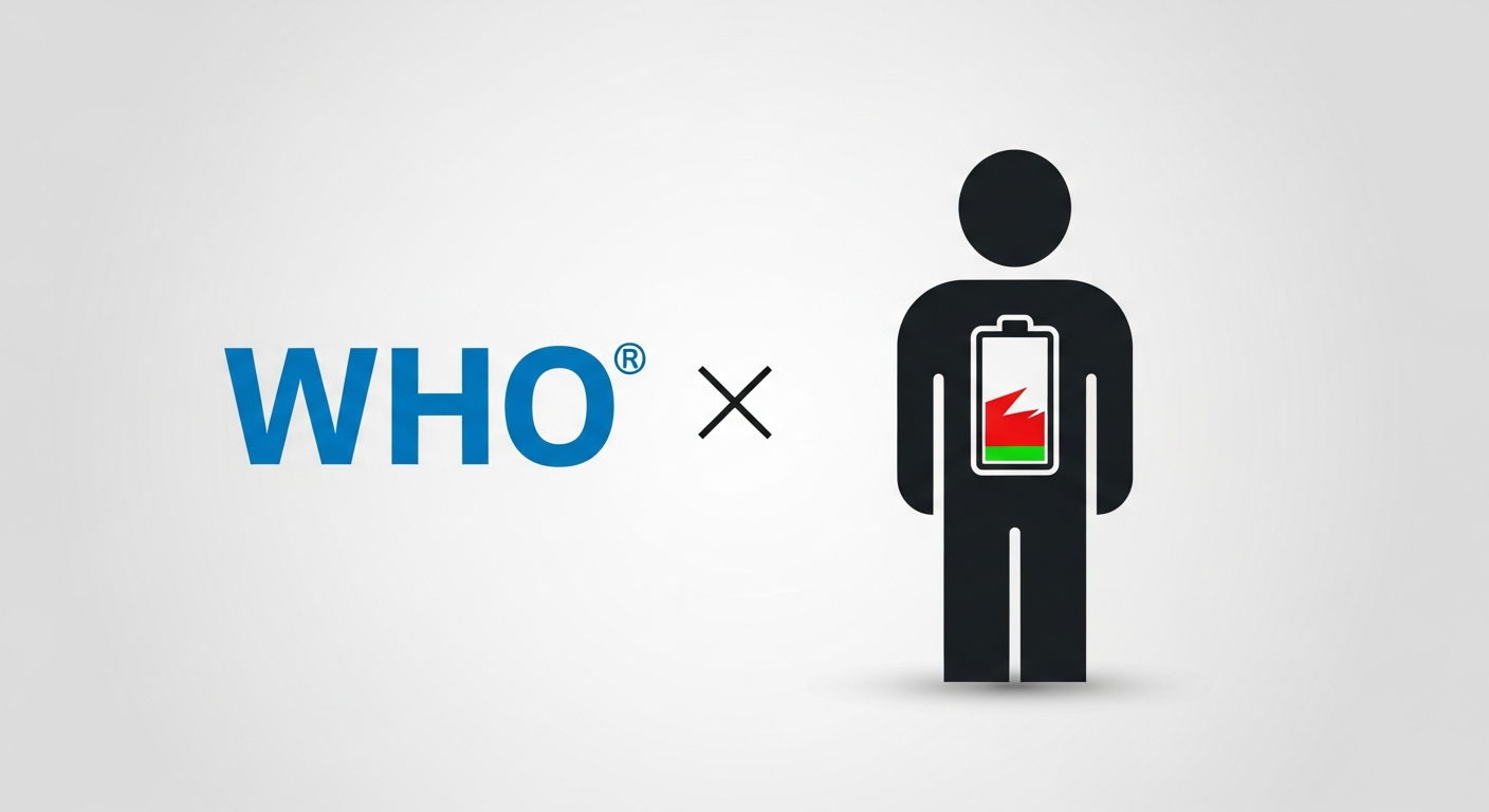 Logo của WHO đặt cạnh một biểu tượng hình người đang cạn kiệt năng lượng.